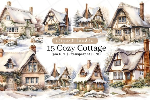 Cozy Cottage Watercolor Clipart & Illustrations for Real Crafting