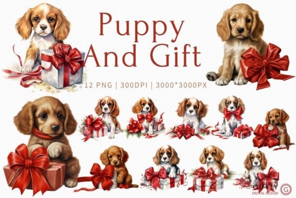 Cute Puppy and Gift Watercolor Clipart for Etsy & Digital Product Sellers