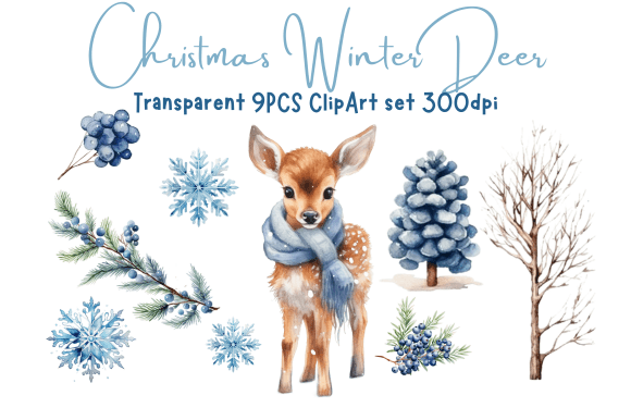 Deer in Blue Scarf Watercolor ClipArt for Local Branding & Packaging