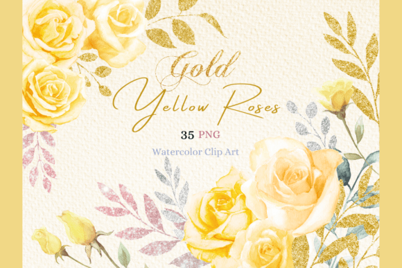 Elegant Watercolor Gold and Yellow Rose Clipart for Branding & Illustrations