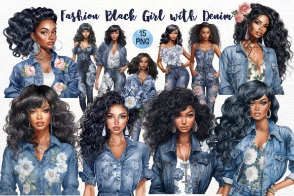 Fashion Black Girl with Denim Watercolor Illustrations for Modern Branding
