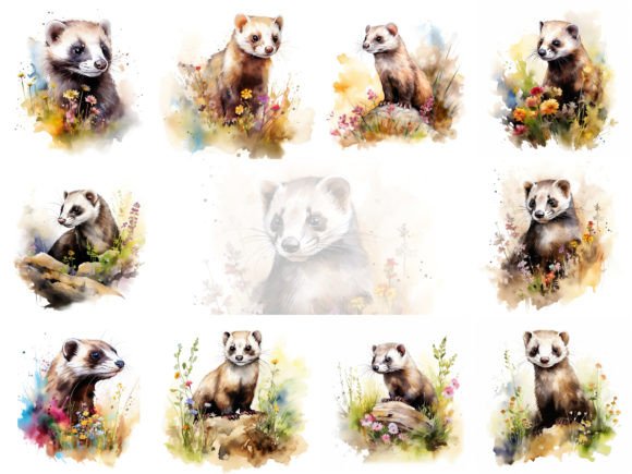 Ferret in Summer Watercolor Clipart Set – Sweet, Versatile Illustrations for Crafters & Etsy Sellers