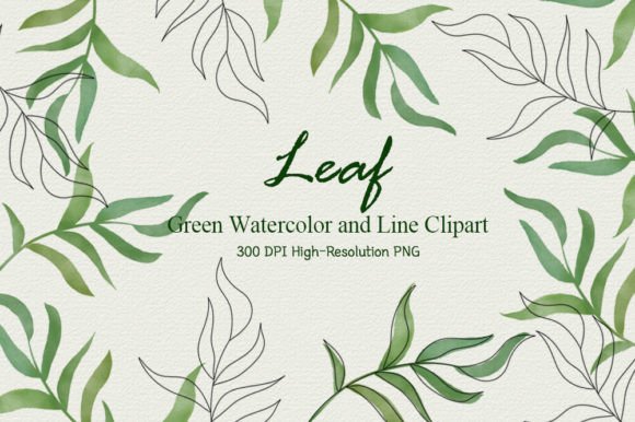 Green Watercolor Leaf and Line Clipart for Etsy & Print-on-Demand Sellers