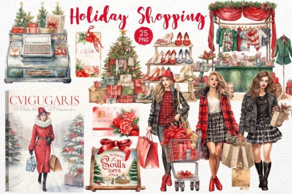 Holiday Shopping Watercolor Clipart PNG for Creative Sellers