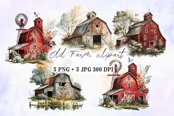 Old Farm Wildmill Barn Watercolor Illustrations for Real Crafting