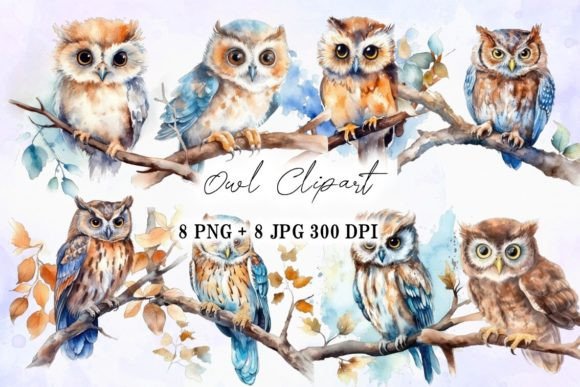 Owl Sitting on Branch Watercolor Clipart for Illustrations & Digital Selling
