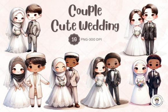 Watercolor Cute Wedding Couple Clipart for Creative Sellers