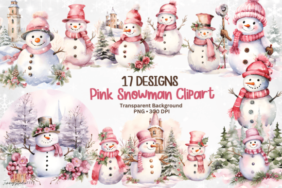 Watercolor Pink Snowman Illustrations for Seasonal Branding