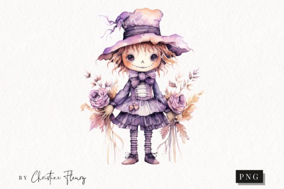 Watercolor Purple Scarecrow Girl Clipart for Illustrations & Digital Sellers