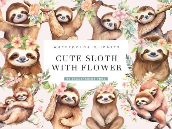 Watercolor Sloth with Flower Clipart for Illustrations & Digital Product Sellers
