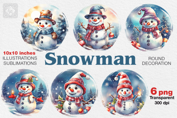 Watercolor Snowman Round Cliparts for Festive Illustrations & Digital Designs