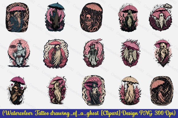Watercolor Tattoo Drawing_of_a_ghost Illustrations for Creative Sellers
