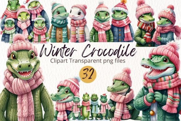 Watercolor Winter Crocodile Clipart PNG Review for Real Embroidery Use